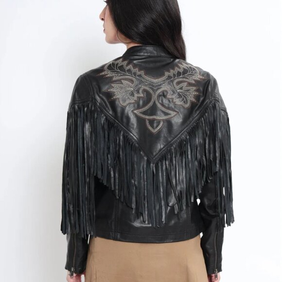 MYRA BAG Black Leather Fringed Western Jacket Biker Size M, L, XL NWT - Picture 4 of 16